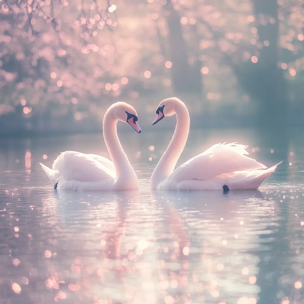 Two graceful white swans swim on a calm lake, their necks forming a heart shape.  The serene scene is bathed in soft, pastel light filtering through a blossoming tree, creating a romantic and idyllic atmosphere.  The water reflects the swans and the surrounding bokeh, enhancing the peaceful ambiance.