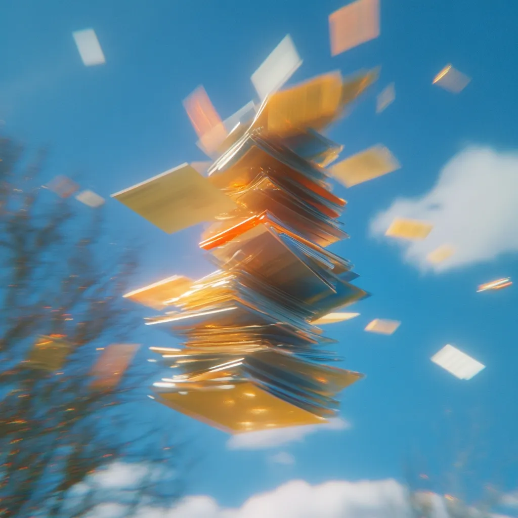 A large stack of papers and books floats in the air against a bright blue sky.  Smaller pieces of paper swirl around the central stack, creating a sense of motion and lightness.  The overall tone is dreamy and surreal, with a warm, golden light illuminating the papers. The background includes blurred trees and clouds, adding depth to the scene.