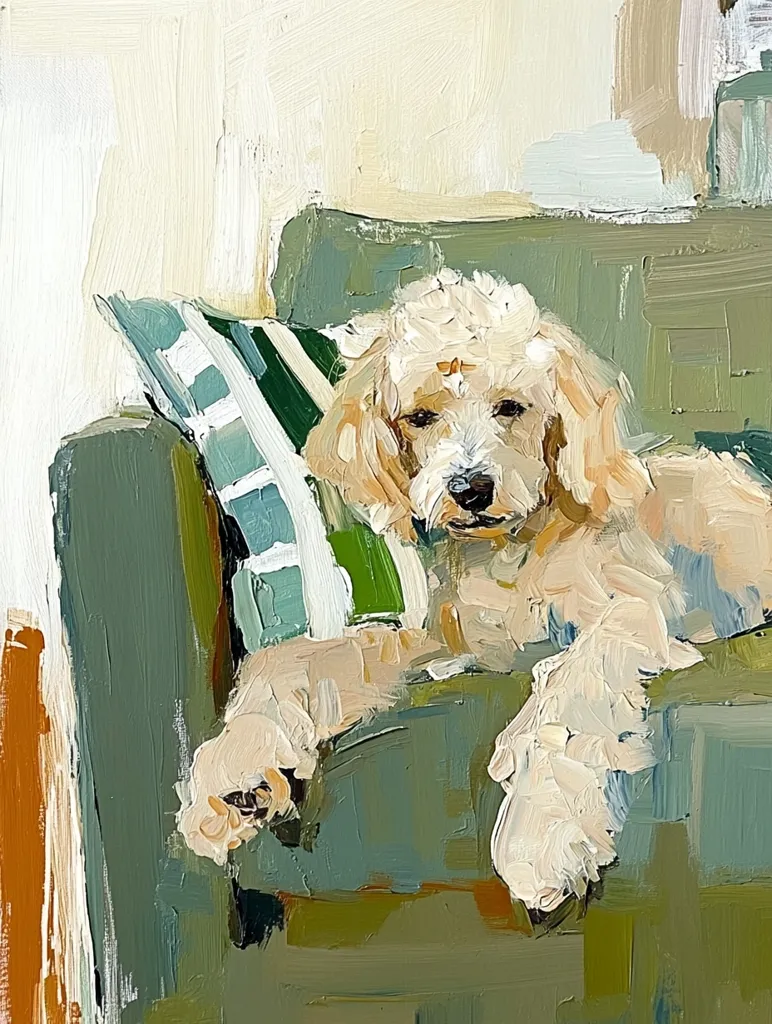 A loose, impressionistic oil painting depicts a fluffy cream-colored dog lounging on a green armchair.  The dog's paws are splayed out on the armrest, and it rests against a striped pillow.  The artist uses visible brushstrokes and a muted palette, emphasizing texture and form over precise detail.  The background is softly rendered, drawing attention to the dog as the central focus.