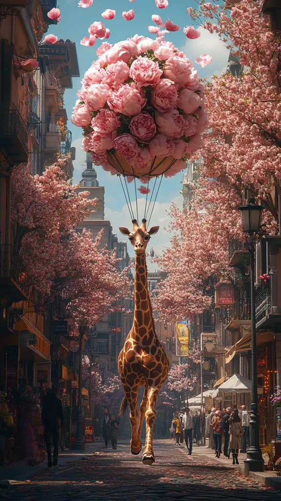 A giraffe strolls down a charming cobblestone street lined with blossoming cherry trees.  Above, a hot air balloon crafted from a massive bouquet of pink peonies drifts gently, tethered to the giraffe's harness.  The whimsical scene evokes a sense of fairytale wonder, the vibrant pink flowers contrasting with the warm tones of the buildings and the giraffe's coat.  People stroll along the sidewalk, seemingly unfazed by this extraordinary sight.