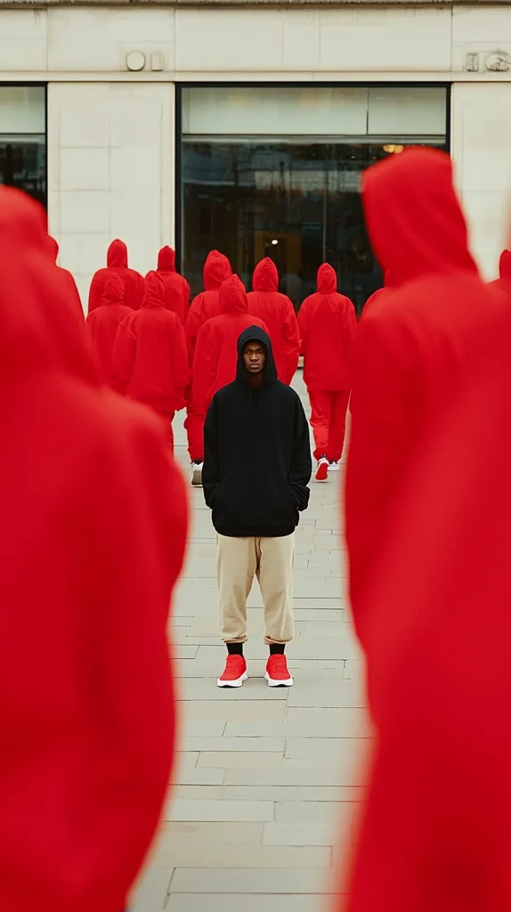 A young Black man in a black hoodie and beige pants stands in the middle of a group of people wearing red hoodies.  He is wearing red sneakers. The scene is set outdoors, in front of a large building with glass windows. The red-hooded figures are slightly blurred, creating a stark contrast with the sharply focused central figure.  The overall image evokes a sense of anonymity and individuality.