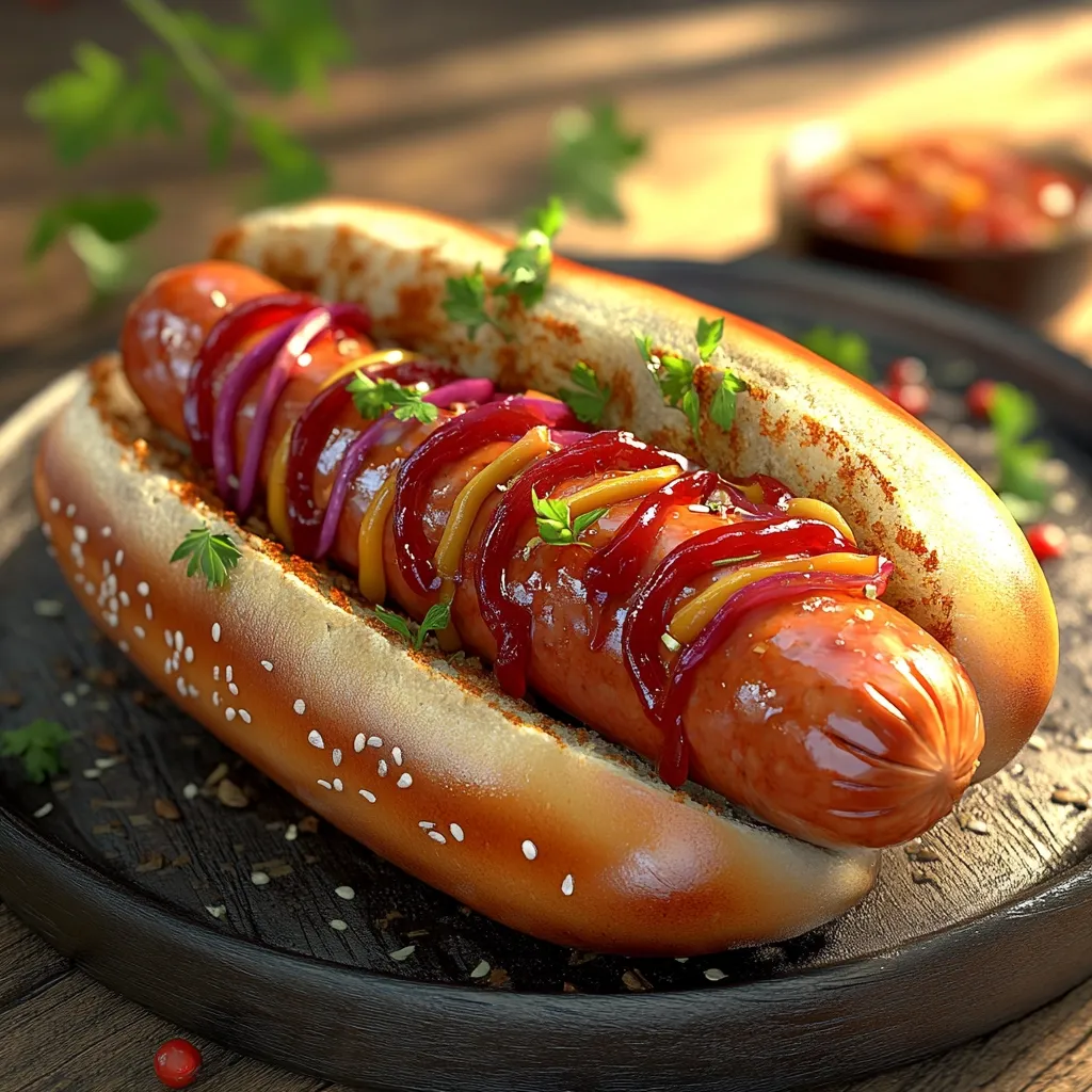 A delicious-looking hot dog sits on a dark wooden board.  The toasted bun is generously topped with a juicy sausage, ketchup, mustard, and thinly sliced red onions. Fresh parsley sprigs garnish the vibrant toppings. The scene is bathed in warm, inviting light, highlighting the appetizing textures and colors of this classic food.