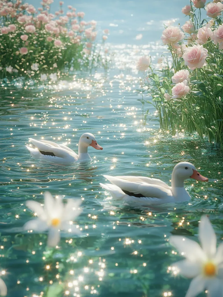 Two white ducks gracefully glide across a tranquil, sparkling pond.  Lush greenery and delicate pink roses line the water's edge, creating a serene and idyllic scene.  Sunlight dances on the water's surface, illuminating the peaceful ambiance.  White flowers float near the ducks, adding to the dreamlike beauty of the image.