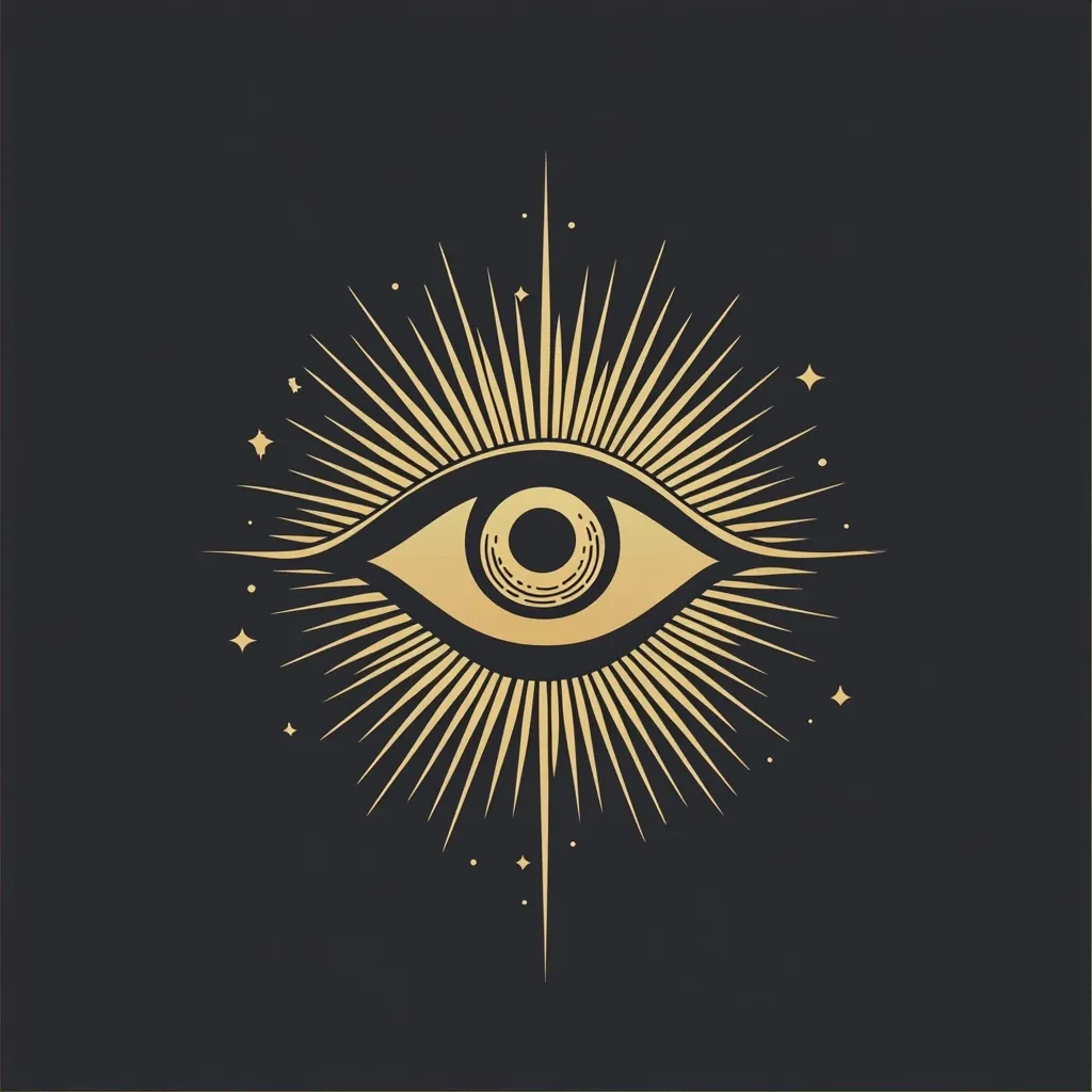 A stylized golden eye, reminiscent of the Eye of Providence, is depicted against a dark background.  Surrounding the eye are radiating lines, creating a sunburst effect. Small stars are scattered around the design, enhancing its mystical and celestial aesthetic. The image uses a vintage or art deco style, with detailed linework in gold on black.