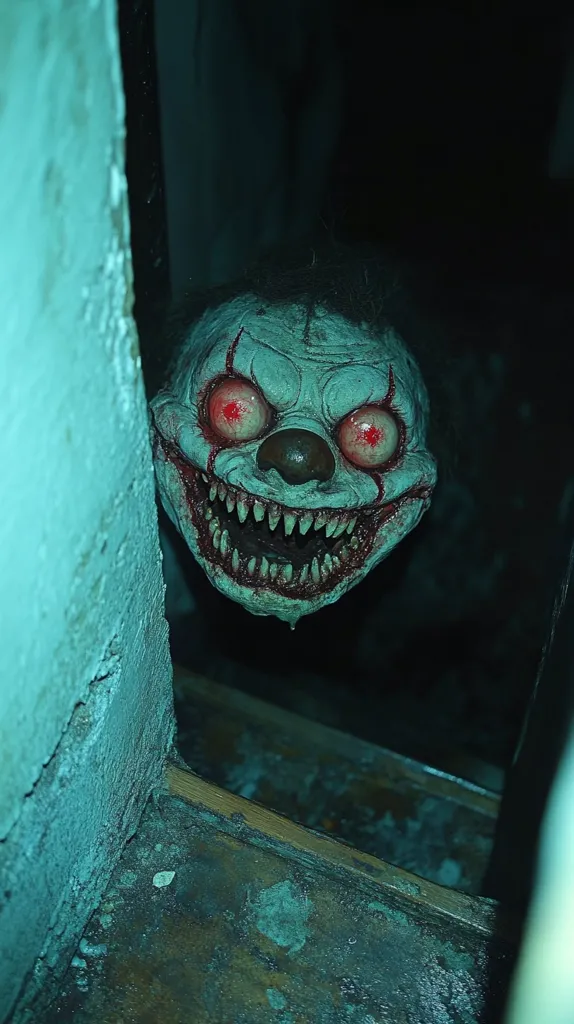 A terrifying clown mask with glowing red eyes and a wide, toothy grin peers from a dark corner.  The mask is pale and appears aged or decaying, with streaks of what looks like blood. The setting is dimly lit and appears to be a narrow, confined space, adding to the unsettling atmosphere.  The overall impression is one of horror and dread.