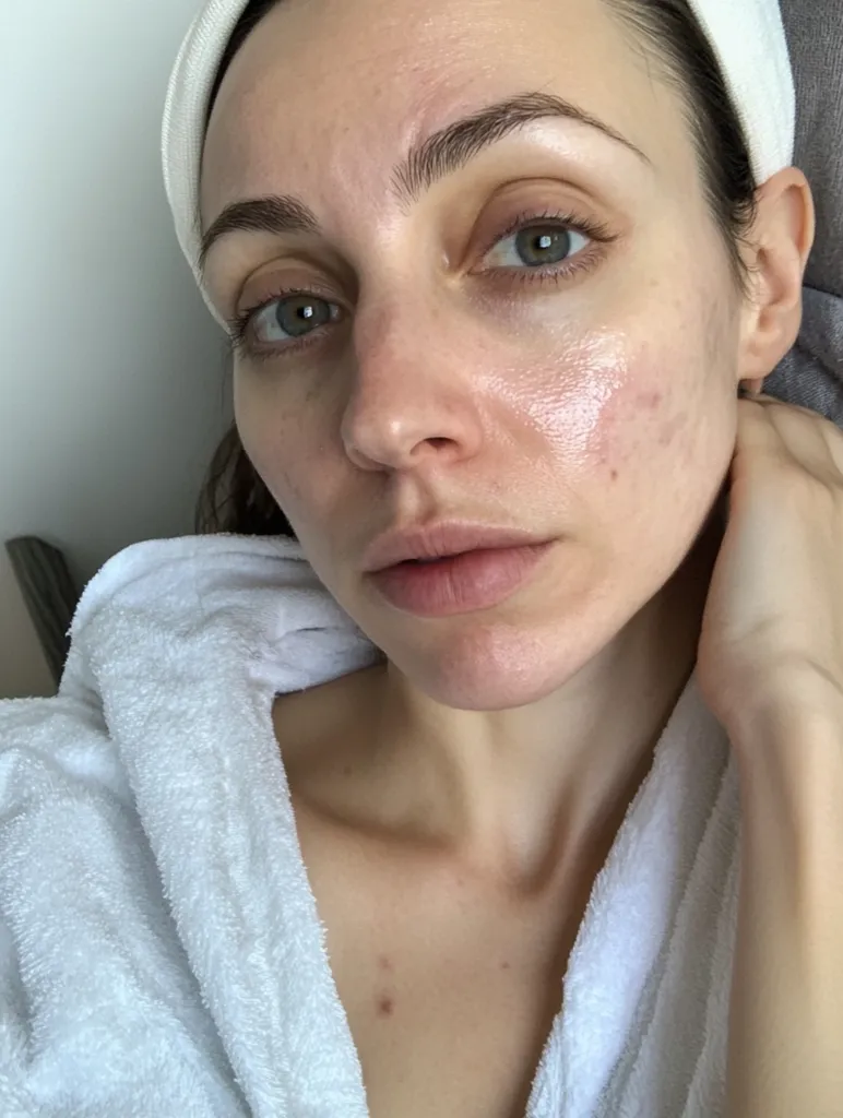 A close-up selfie shows a woman with fair skin and dark hair pulled back in a white headband.  Her face is bare, revealing some blemishes and redness.  She's wearing a white bathrobe, and her expression is serious and contemplative. The lighting is soft and even, highlighting the texture of her skin.