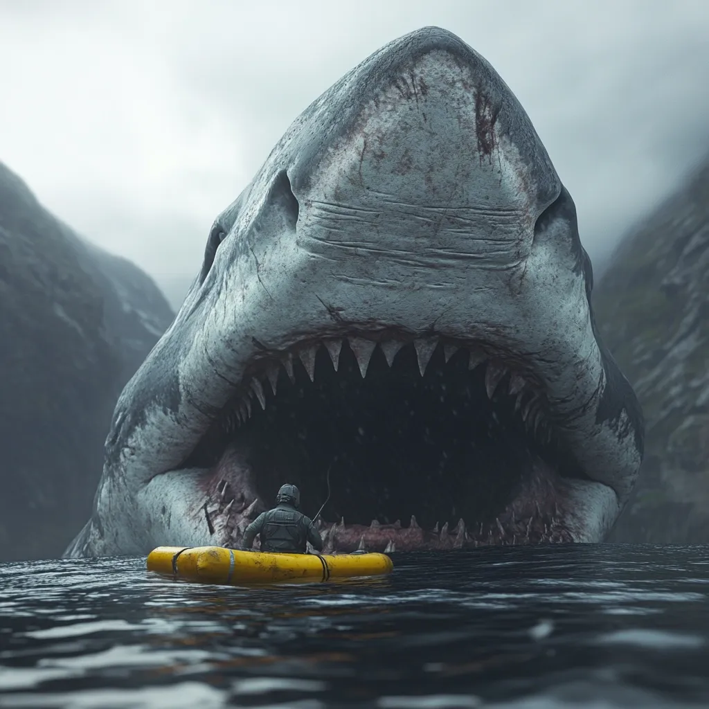 A colossal, monstrous shark dominates the foreground, its gaping maw a terrifying sight.  A lone figure in a small yellow inflatable boat sits innocently before the immense creature, dwarfed by its size.  The setting is a dark, moody landscape of mist-shrouded mountains and calm water, creating a sense of foreboding and imminent danger. The scene evokes a feeling of immense power and vulnerability.