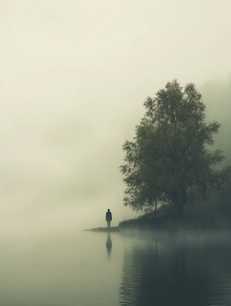A solitary figure stands on a misty lakeshore, silhouetted against a tranquil scene. A large tree stands nearby, its branches reaching towards the fog that obscures the distant landscape.  The calm water reflects the muted light and the lonely figure, creating a serene yet melancholic atmosphere. The overall tone is quiet and contemplative.