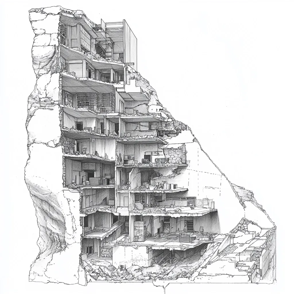 A detailed pencil drawing depicts a cross-section of a severely damaged multi-story building.  The structure is fractured, revealing its interior rooms and levels in meticulous detail.  Debris and rubble are strewn throughout, showcasing the extent of the destruction. The artist's precise lines highlight the building's once-complex architecture now reduced to ruin. The image suggests a powerful narrative of war, disaster, or decay.