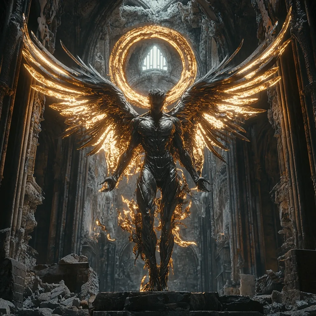 A majestic, dark angel statue stands within the ruins of a gothic cathedral.  Its powerful form is sculpted from a metallic substance, emanating golden, fiery energy from its wings and base.  A glowing halo encircles the figure, adding to the ethereal, otherworldly atmosphere of the decaying yet magnificent setting. The contrast of light and dark, decay and power, creates a visually striking and dramatic image.