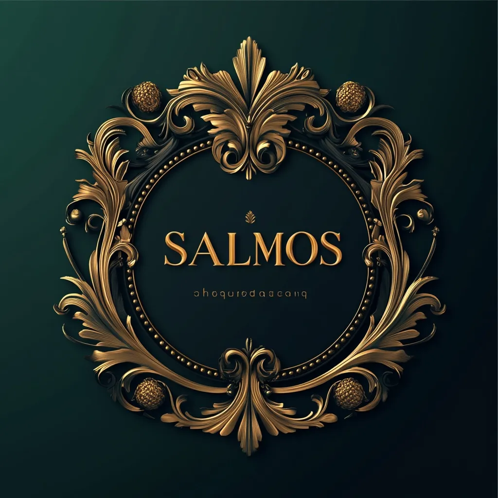 A circular gold frame with ornate, baroque-style detailing sits against a deep green backdrop.  The word "SALMOS" is prominently displayed in the center, with smaller text beneath.  The frame's intricate carvings and gold finish create a luxurious and elegant aesthetic, suggesting a sophisticated design for a logo or title card. The overall style is reminiscent of classic, regal designs.