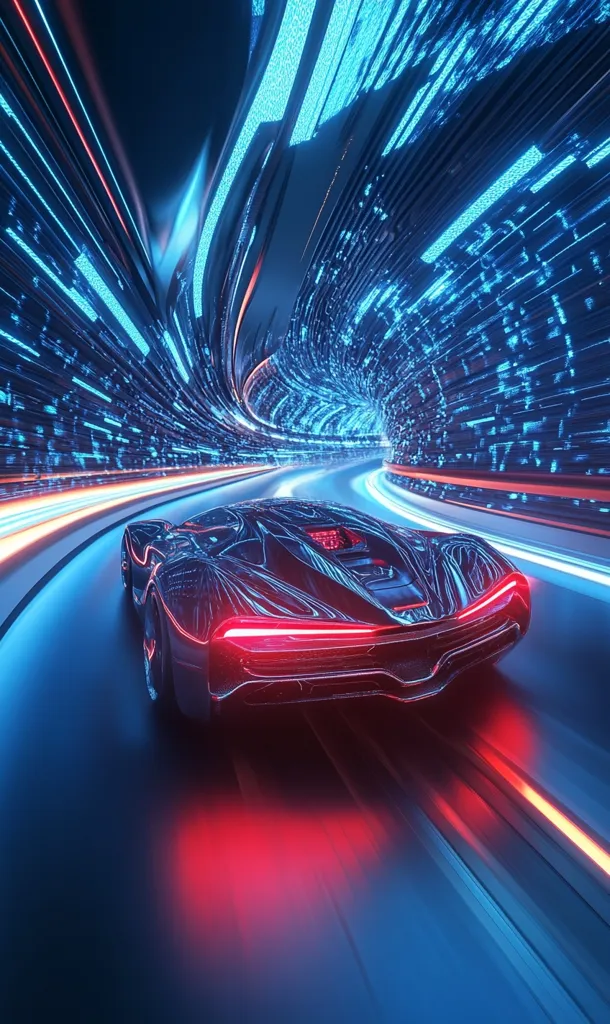 A sleek, dark sports car speeds through a futuristic tunnel.  The tunnel walls are vibrant with streaks of blue and red light, resembling digital data streams. The car's taillights glow intensely, emphasizing its rapid movement.  The overall scene is dynamic and suggests a high-tech, possibly virtual, environment.