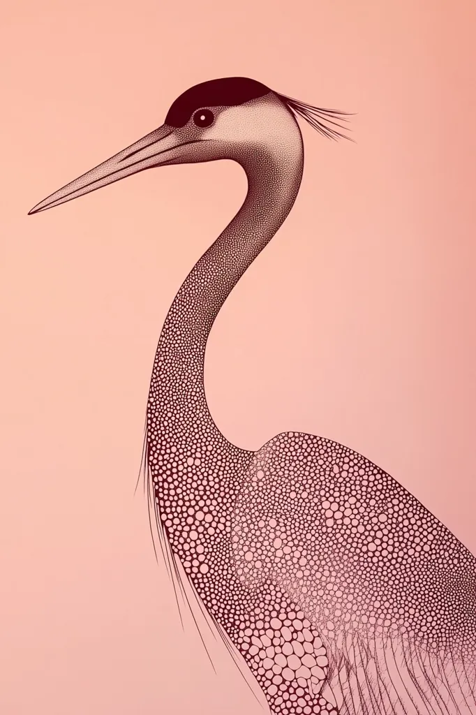A stylized illustration of a heron is depicted against a pale pink backdrop.  Rendered in maroon ink, the bird's form is created using a dense pattern of small circles, giving a textured appearance to its feathers. The heron's long neck and beak are elegantly curved, and fine lines suggest delicate plumage. The overall style is detailed and intricate, presenting a sophisticated artistic interpretation of the bird.