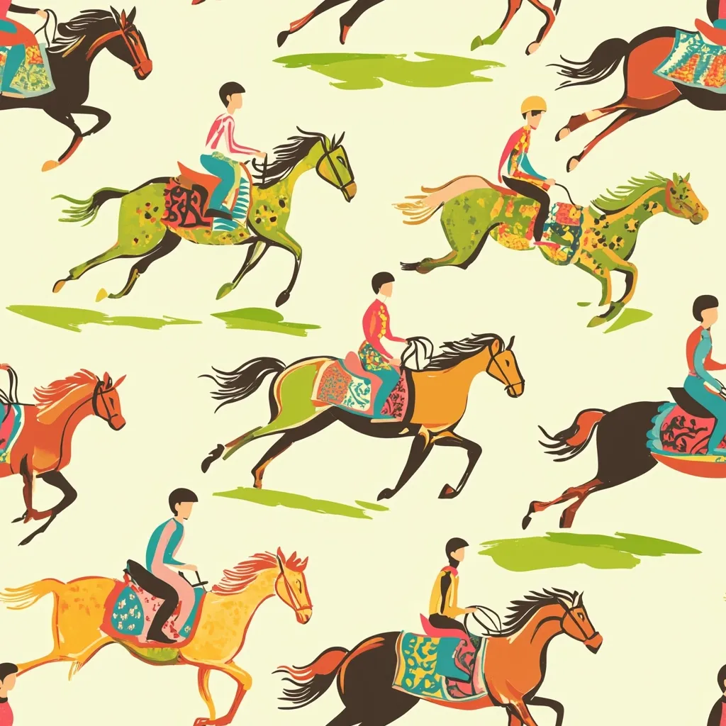 A whimsical seamless pattern features jockeys riding vibrantly colored horses in a lively, stylized manner.  The horses are depicted mid-gallop, their saddles adorned with ornate patterns.  The jockeys wear colorful racing silks, creating a cheerful and energetic design against a pale yellow background.  The overall style is playful and slightly abstract, suggesting movement and speed.