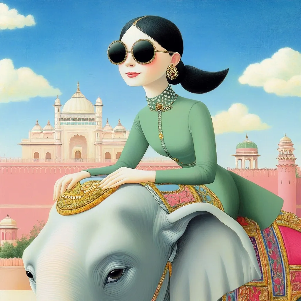 A stylish woman with dark hair and large round sunglasses sits atop a richly adorned elephant. She wears a mint green traditional Indian outfit and gold jewelry.  The backdrop features a majestic pink palace and a clear blue sky with fluffy clouds. The scene is rendered in a vibrant, almost surreal, painterly style.