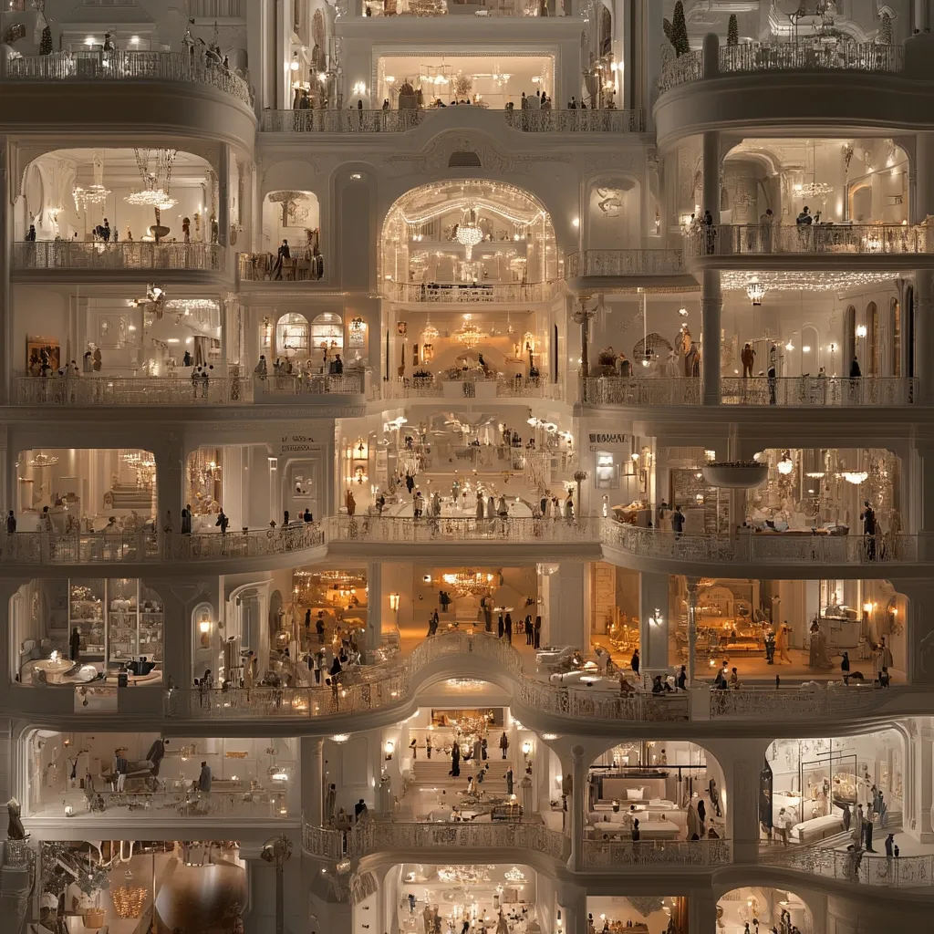 A multi-story building, possibly a department store or museum, is beautifully illuminated at night.  Its elaborate, white architecture features numerous balconies and arched windows, showcasing various displays and shoppers throughout its many levels.  Warm, ambient lighting creates a luxurious and inviting atmosphere, highlighting the intricate details of the building's design.  The scene feels both grand and intimate, suggesting a bustling yet elegant environment.
