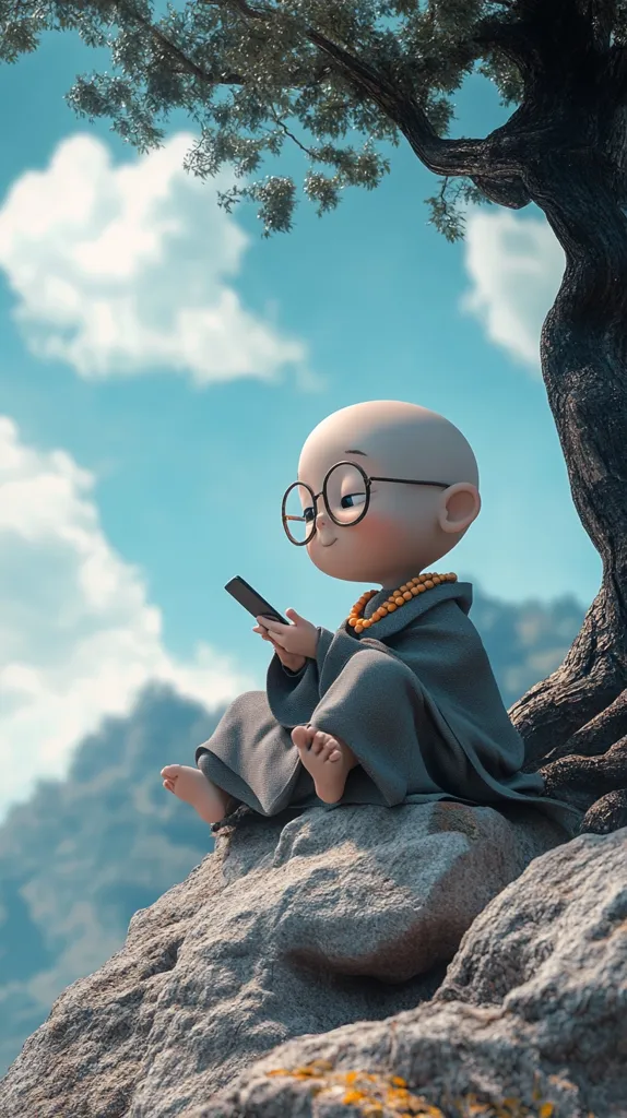 A cute, bald, cartoon monk, wearing round glasses and a gray robe, sits on a rock under a tree.  He holds a smartphone, seemingly engrossed in its screen. The background features a serene blue sky with fluffy clouds and a distant mountain range. The scene is peaceful and idyllic, suggesting contemplation or a moment of quiet reflection.