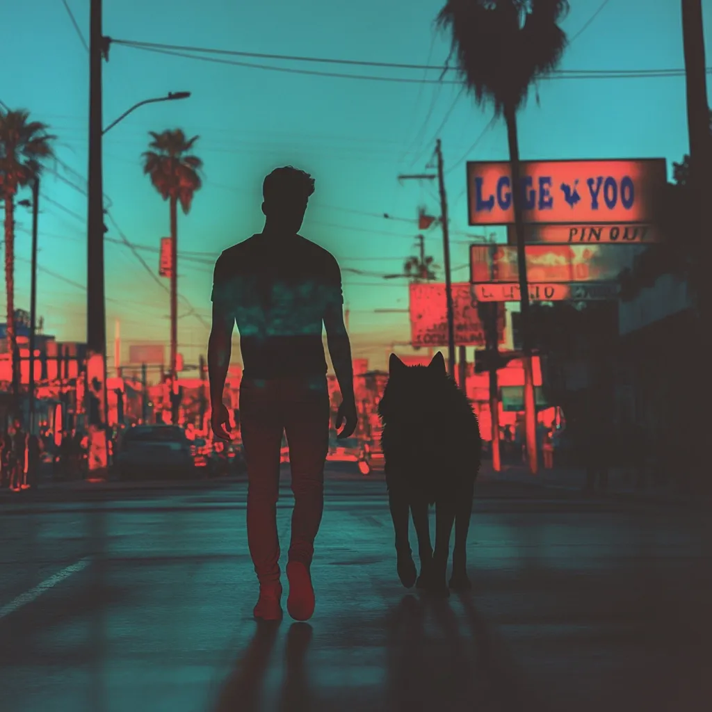 A silhouetted man walks down a city street at dusk, accompanied by a large, dark wolf-like creature.  Palm trees line the street, and neon signs glow with a reddish hue against a teal sky. The atmosphere is moody and evocative, suggesting a sense of mystery and urban loneliness.  The image's color palette is stark, contrasting the dark figures with the vibrant background.