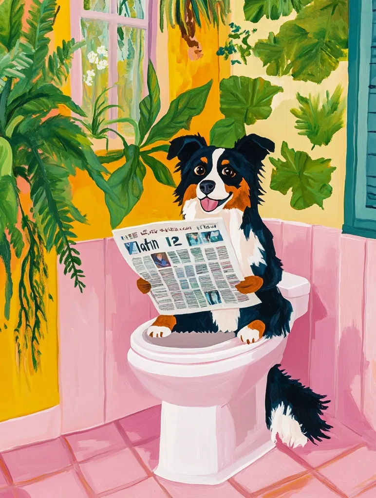 A charming illustration depicts a Bernese Mountain dog sitting on a pink toilet, engrossed in reading a newspaper.  The bathroom is brightly colored with yellow walls and pink tiles, adorned with lush green plants. The dog's expression is one of contentment, creating a humorous and whimsical scene. The style is playful and vibrant, with bold colors and a slightly naive aesthetic.