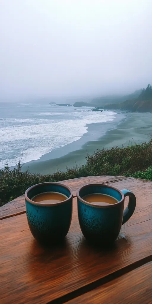 Two teal mugs filled with coffee sit on a wooden table overlooking a misty ocean coastline.  The waves gently roll onto a dark sand beach, framed by a lush green hillside.  A serene and peaceful atmosphere is created by the soft light and calming view. The scene suggests a moment of quiet contemplation and enjoyment.