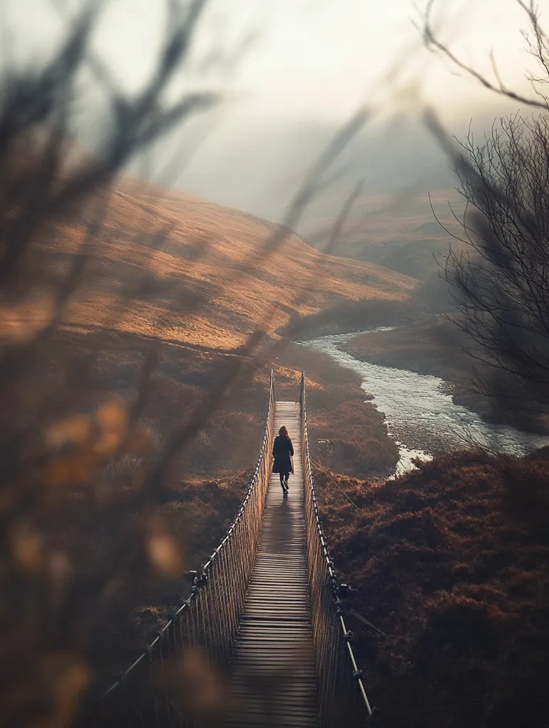 A lone figure walks along a rustic rope bridge spanning a serene valley. The bridge, constructed of wood and rope, stretches across a tranquil river meandering through muted brown hillsides.  The atmosphere is peaceful and somewhat mysterious, enhanced by the soft light and the blurred foreground branches framing the scene.  The image evokes a sense of journey and solitude in a breathtaking natural landscape.