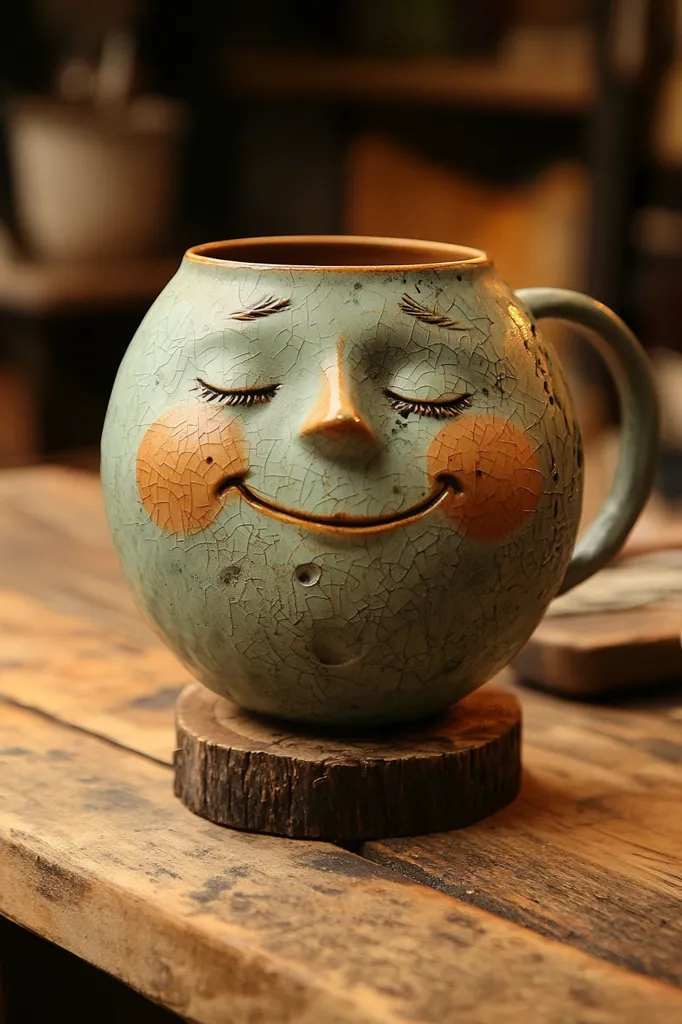 A charming, round mug rests on a rustic wooden coaster.  The mug is crafted from ceramic with a teal crackle glaze, and features a whimsical, smiling face with closed eyes. The face is detailed with subtly textured cheeks and eyebrows, adding to its unique character.  The mug's handle is positioned to the right.  The overall style is rustic and whimsical.