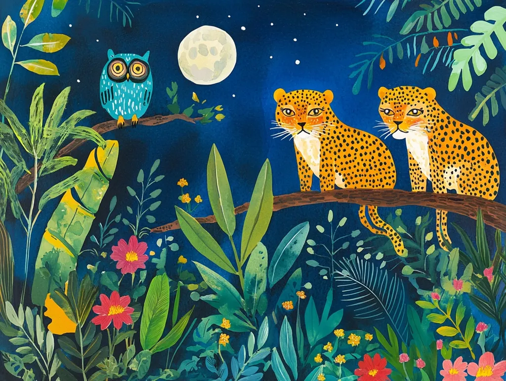 A vibrant jungle scene unfolds under a full moon. Two leopards perch on a branch, their spotted coats contrasting with the lush, dark-green foliage.  A teal owl sits on a branch nearby, observing the scene.  Bright pink and orange flowers punctuate the rich, tropical plants, creating a lively and whimsical illustration. The overall tone is peaceful and enchanting.
