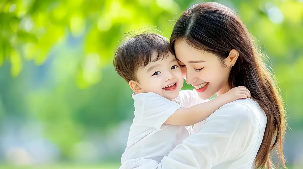 A young mother lovingly holds her toddler son in her arms.  Both are smiling radiantly, their faces close together.  The setting is outdoors, with a soft-focus background of lush green foliage, creating a warm and tender atmosphere.  The image conveys a strong sense of maternal affection and happiness.