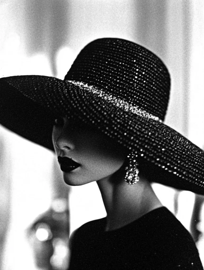 A black and white, close-up portrait captures a woman elegantly adorned in a large, wide-brimmed black hat, embellished with a sparkling band.  Her dark lipstick and dangling earrings complement the hat's sophisticated design. The background is blurred, emphasizing the woman's striking features and the hat's dramatic presence.  The overall mood is one of classic glamour and mystery.