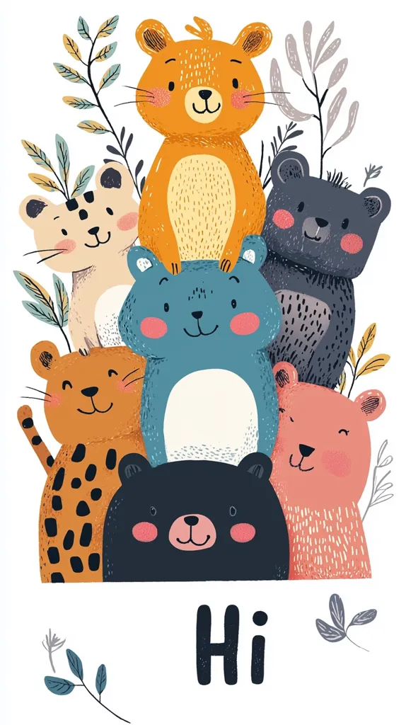 A stack of adorable cartoon animals says "Hi!"  A cheerful orange bear sits atop a teal bear, with a black bear, spotted cat, and pink bear below, all surrounded by stylized leaves.  The animals are drawn in a whimsical, textured style with friendly expressions.  The overall image is bright and playful.
