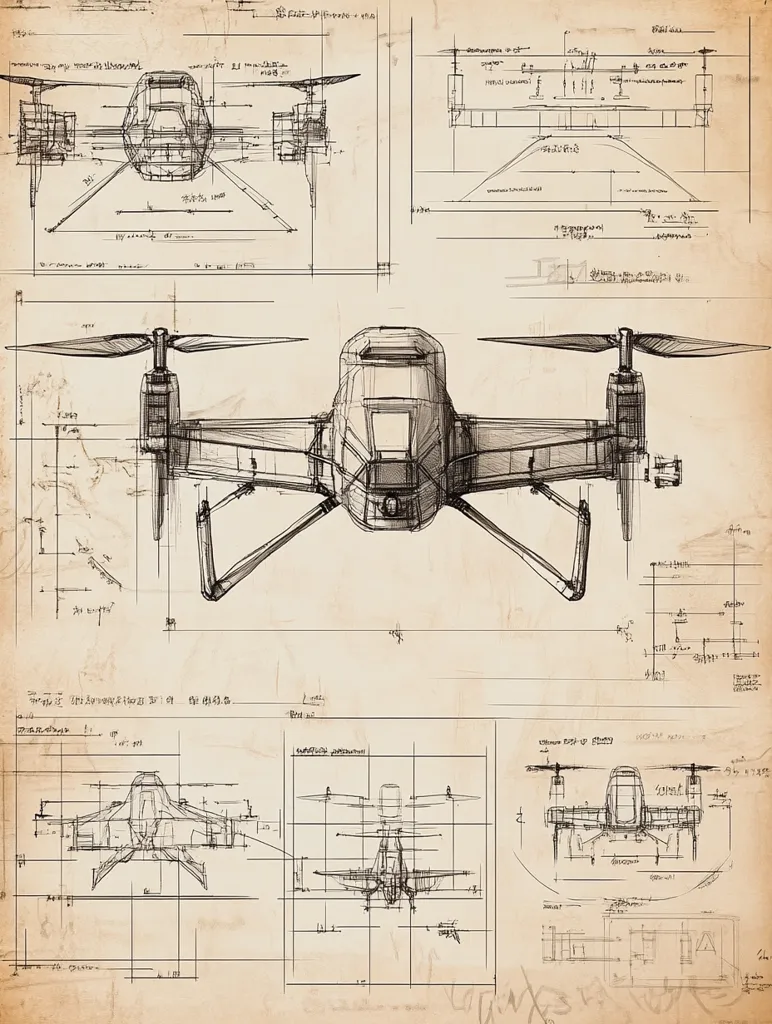 This technical drawing depicts various perspectives and detailed schematics of a drone.  The main illustration shows a top-down view of the drone, highlighting its body, propellers, and structural components.  Surrounding it are supplementary diagrams illustrating the drone's design from different angles, including front, side, and bottom views, along with detailed breakdowns of its sub-systems.  The style suggests a conceptual or prototype design.