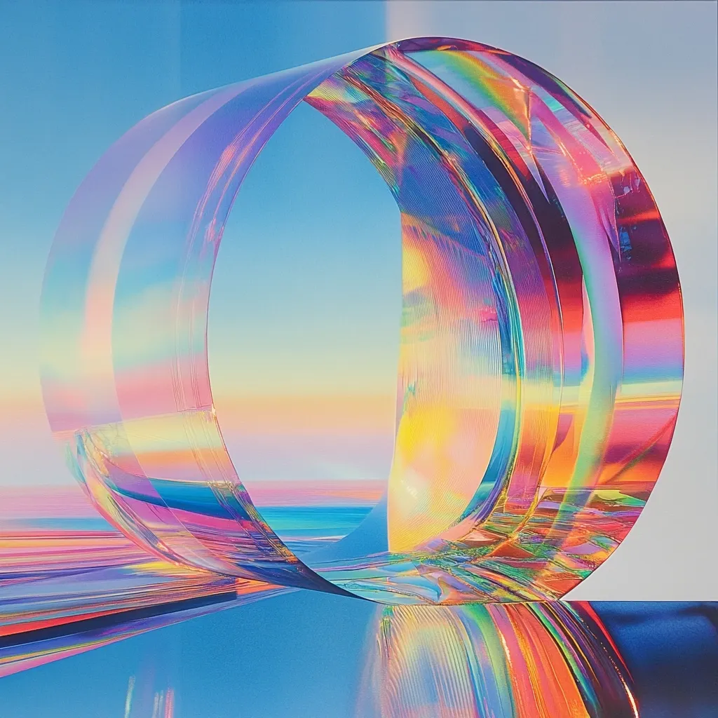 A vibrant, iridescent glass sculpture forms a partial circle, resting on a reflective surface.  The artwork showcases a spectrum of pastel and bright colors, creating a dreamy, almost ethereal effect.  Light refracts through the translucent layers, producing a rainbow of hues and highlighting the curved, layered structure.  The background features a gradient of soft blues and pinks.