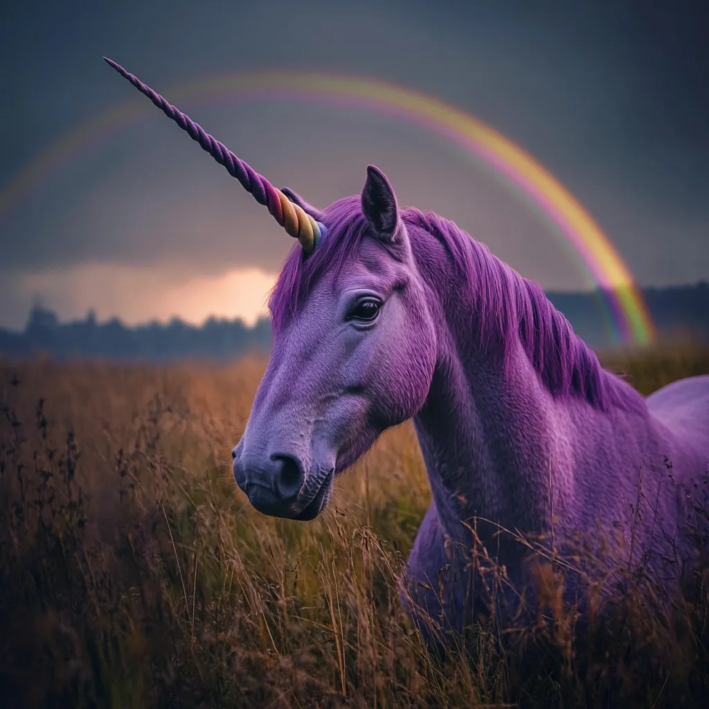 A majestic purple unicorn stands in a field of tall grass, its iridescent horn gleaming. A vibrant rainbow arches in the background, enhancing the ethereal atmosphere.  The unicorn's gentle gaze and soft coat create a serene and magical scene, evoking a sense of wonder and fantasy.  The setting sun casts a warm glow, adding depth to the image.