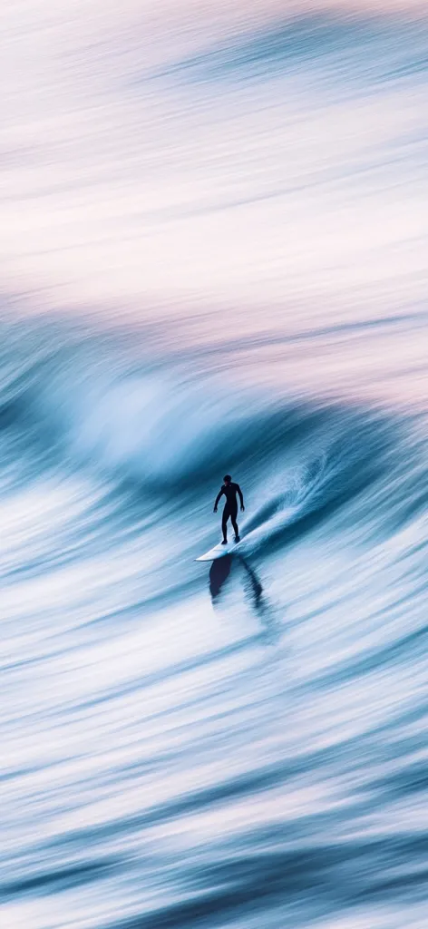A lone surfer glides across a wave, their silhouette stark against the blurred, motion-captured ocean.  The water's movement creates a mesmerizing abstract background of blues and whites, conveying a sense of speed and fluidity.  The image is serene yet dynamic, capturing a moment of peaceful power in nature.