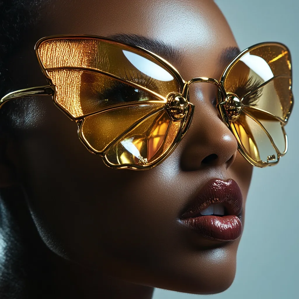 Close-up of a dark-skinned woman's face, partially obscured by large, ornate, butterfly-shaped sunglasses with amber lenses and gold frames.  Her lips are painted a deep, glossy brown. The image is sharply focused, highlighting the intricate detail of the sunglasses and the woman's flawless skin.  The lighting is dramatic, casting shadows and emphasizing the textures.