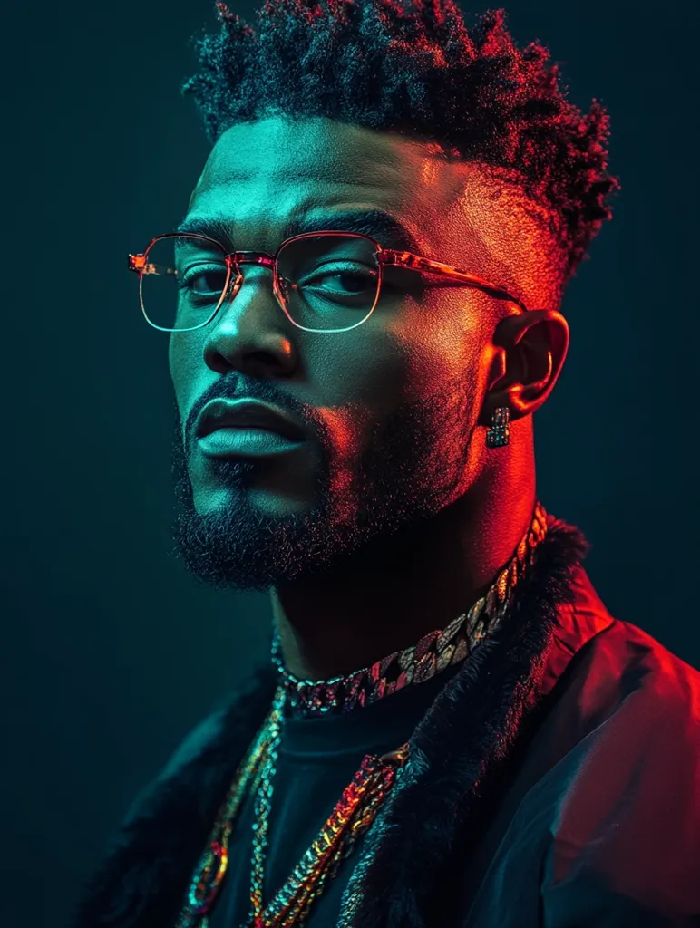 A close-up portrait of a young Black man with a beard and short, textured hair. He wears glasses and several gold necklaces.  The image is dramatically lit with red and teal light, creating a striking contrast against his dark complexion and clothing. His expression is serious and intense.