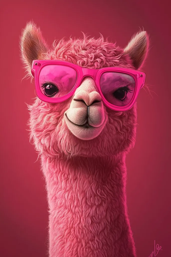 A vibrant pink alpaca, rendered in a digitally painted style, is the focal point.  The alpaca sports oversized, bright pink sunglasses, adding a playful and fashionable touch.  Its fluffy fur is meticulously detailed, and its expression is friendly and approachable. The background is a solid, matching pink, creating a cohesive and visually appealing image.