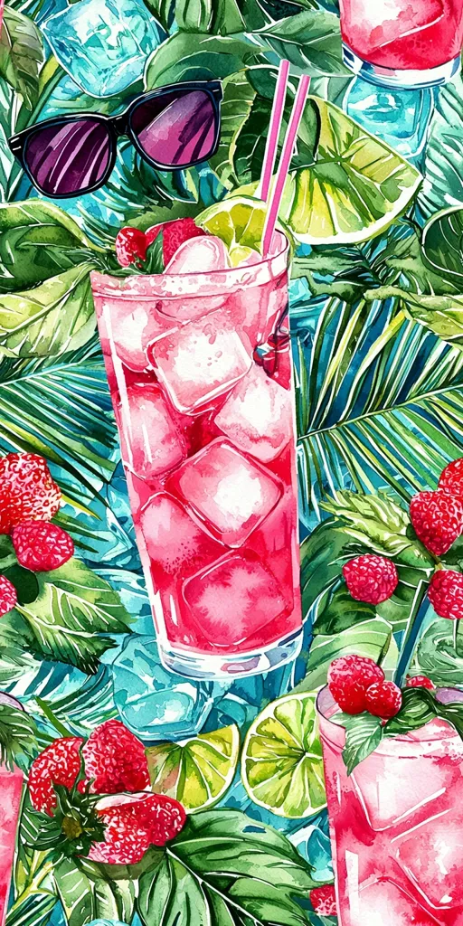 A watercolor painting depicts a vibrant tropical scene with two tall glasses of pink iced drinks, garnished with raspberries and lime wedges.  Sunglasses rest on lush green palm leaves, adding to the summery aesthetic.  The ice cubes in the drinks are clearly defined, and the overall style is bright and playful.  Fresh strawberries and raspberries complete the fruity, refreshing composition.
