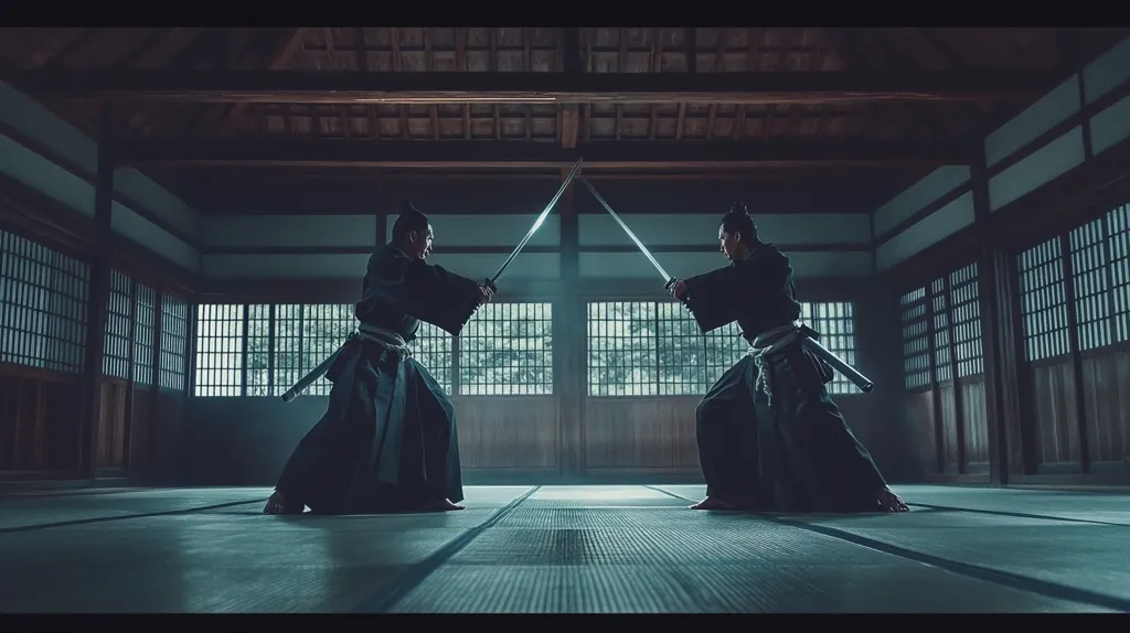 Two figures, clad in traditional black samurai attire, engage in an intense sword duel within a dimly lit dojo.  Their katana clash, a blur of motion against the backdrop of aged wooden beams and shoji screens.  The atmosphere is one of focused concentration and quiet power, the stillness of the ancient building amplifying the dramatic tension of the moment.