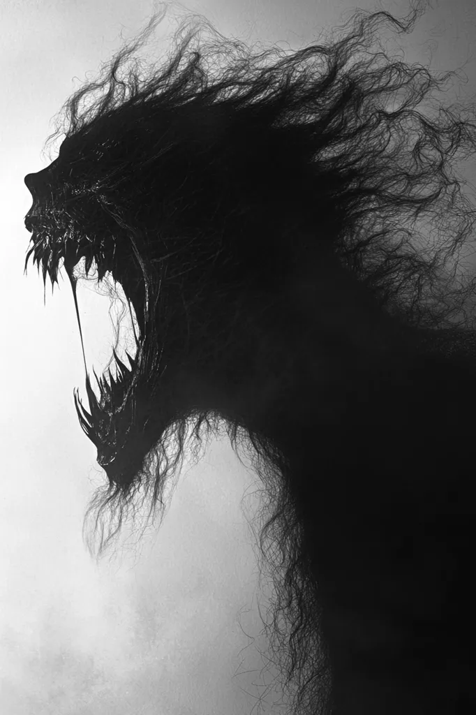 A monochromatic image depicts a monstrous silhouette, its form vaguely canine with a gaping maw filled with sharp teeth.  Long, dark, hair-like strands extend from its body, swirling and flowing like smoke or wind. The creature's expression is one of ferocious aggression, its head thrown back in a silent roar against a light, hazy background. The overall effect is ominous and unsettling.