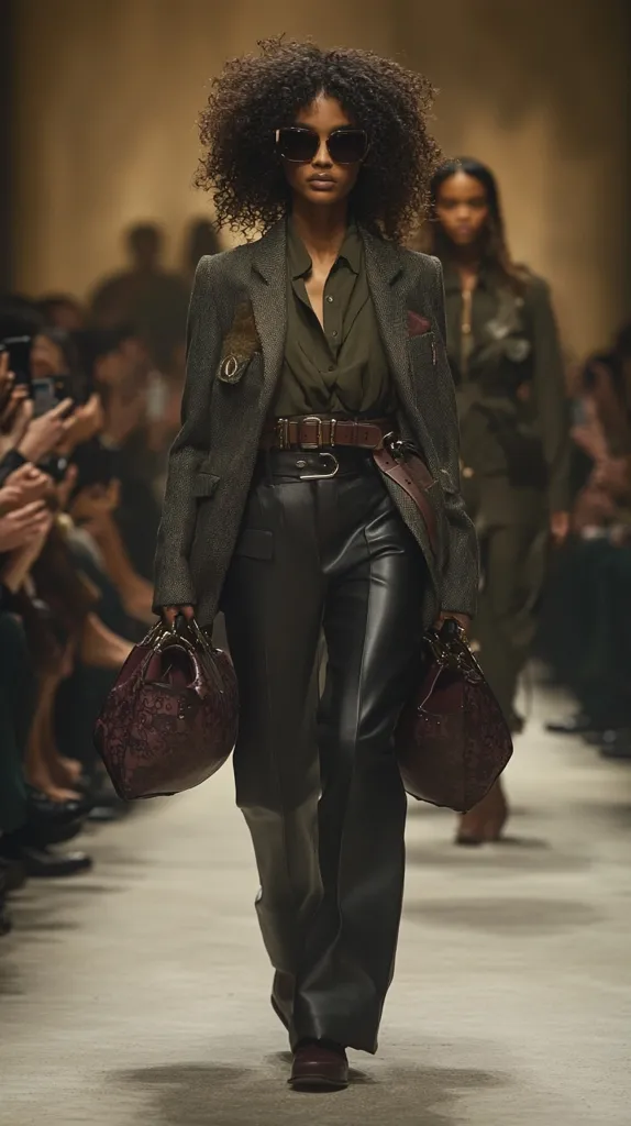 A model with voluminous curly hair walks a runway, wearing sunglasses, a dark green tweed blazer, a matching shirt, and black leather pants.  A brown leather belt cinches her waist. She carries two burgundy bags. The background features other models and a blurred audience. The overall aesthetic is sophisticated and autumnal.