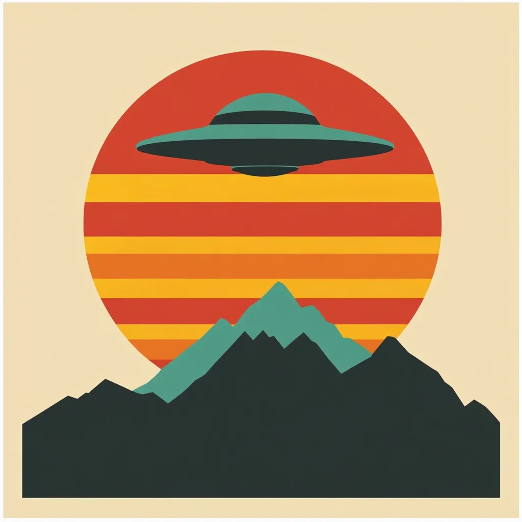 A retro-style illustration depicts a flying saucer hovering above a mountain range silhouetted against a vibrant sunset. The sun is represented by a large, striped circle in warm oranges and reds.  The mountains are a blend of teal and black, creating a striking contrast against the sunset. The overall aesthetic is minimalist and evocative of vintage science fiction.