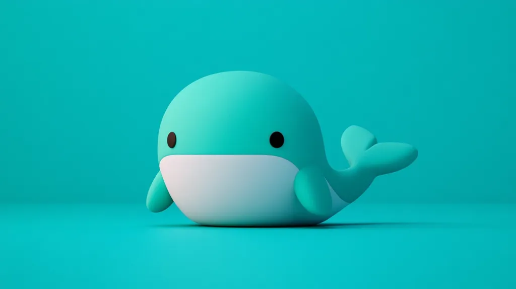 A cute, cartoonish teal whale sits on a matching teal background.  Its simple design features small, dark eyes and a white underbelly. The whale's body is rounded and smooth, giving it a friendly and playful appearance.  The overall image is minimalist and calming.