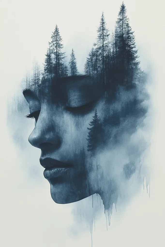 A serene, monochromatic artwork depicts a woman's face subtly merging with a misty forest scene.  The image is rendered in shades of blue and gray, creating a dreamlike, ethereal atmosphere.  The woman's eyes are closed, conveying a sense of peace or introspection, while the trees within her form suggest a deep connection to nature.  The watercolor-like style adds to the artwork's soft, contemplative mood.