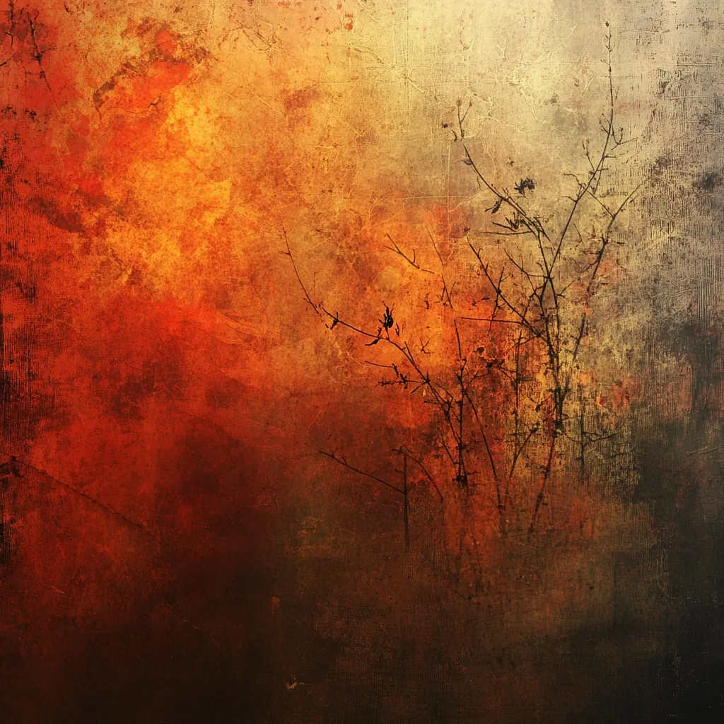 An abstract artwork featuring a textured background in fiery oranges and deep reds, reminiscent of a sunset or autumnal scene.  Silhouetted branches of a bare tree are subtly superimposed against this vibrant backdrop, creating a feeling of both warmth and desolation. The overall effect is moody and atmospheric, with a grunge-like texture adding depth and complexity.