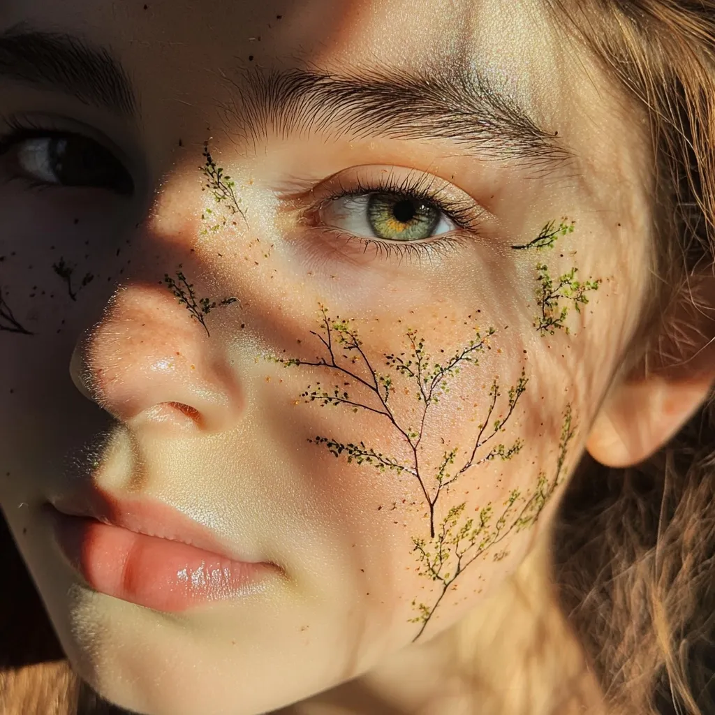 Close-up of a young woman's face, partially illuminated by sunlight.  Delicate, leaf-like designs adorn her cheek, creating a nature-inspired aesthetic. Her green eyes are captivating, and her soft features are enhanced by subtle makeup. The overall image evokes a feeling of ethereal beauty and connection with nature.