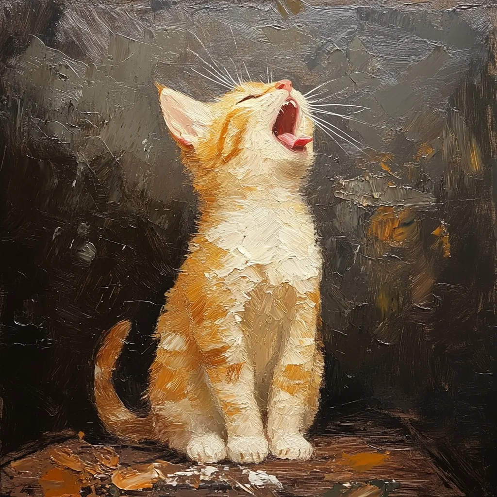 An oil painting depicts a ginger kitten sitting and mewing with its mouth wide open.  The kitten's fur is rendered with visible brushstrokes, showing texture and a mix of orange and white. The background is dark and textured, creating a contrast with the lighter fur of the cat. The overall style is impasto, with thick application of paint. The scene is intimate and captures a moment of feline vocalization.