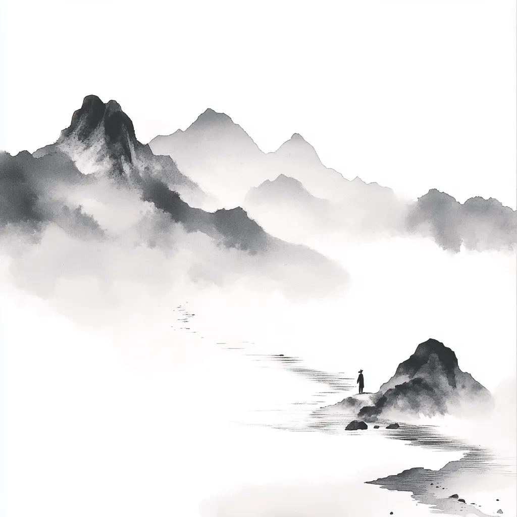 A minimalist ink wash painting depicts a serene landscape.  Misty mountains rise in the background, shrouded in soft grey tones. A lone figure stands on a rocky outcrop near a calm body of water that extends towards the mountains. The overall impression is one of tranquility and solitude within a vast, ethereal space. The style is reminiscent of traditional East Asian art.