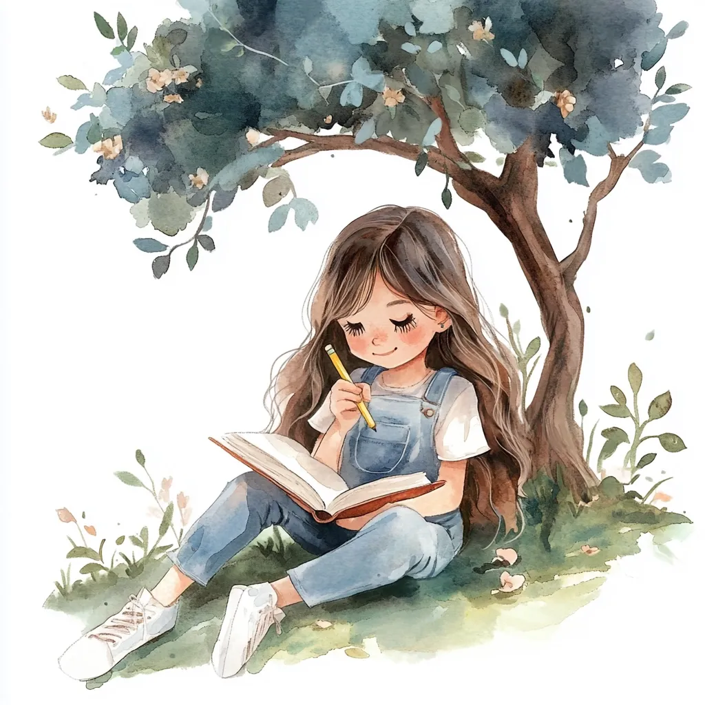 A watercolor illustration depicts a young girl with long brown hair sitting under a tree, engrossed in a book. She holds a yellow pencil, seemingly contemplating or writing.  She's dressed in denim overalls and white sneakers, nestled in a patch of grass with wildflowers. The scene is peaceful and idyllic, evoking a sense of calm and quiet contemplation.