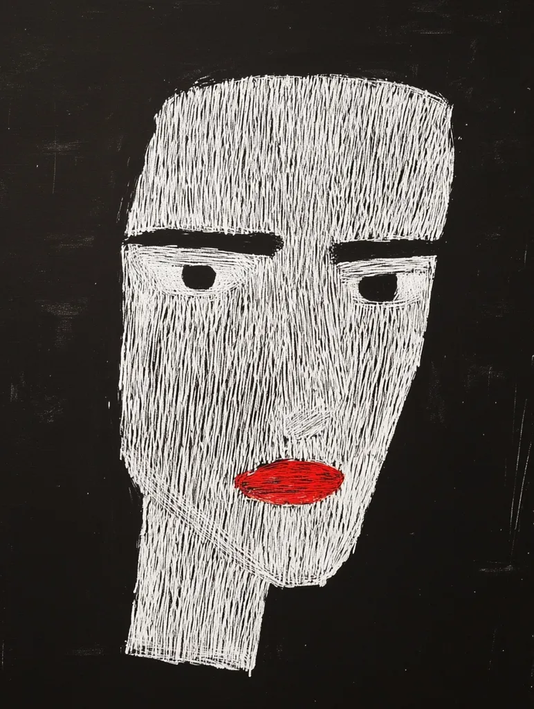 A stylized portrait of a face is rendered in white lines against a black background. The face is depicted with minimal detail, emphasizing the eyes and a red lip. The lines create a textured effect, resembling embroidery or stitching.  The overall style is minimalist and somewhat austere, yet the red lip introduces a pop of color and a hint of expression.